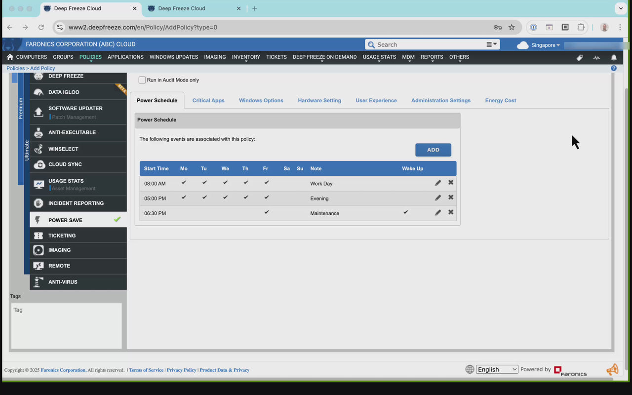 A Faronics Cloud Power Save video tutorial, displaying the power scheduling interface. The image shows an energy-saving policy setup with scheduled start times and wake-up settings for different days of the week. The tutorial guides users on optimising energy consumption and reducing operational costs with automated power management.