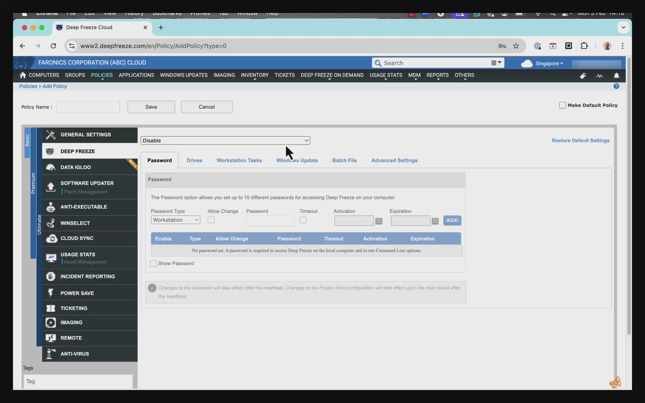 A Faronics Cloud Deep Freeze video tutorial, displaying the policy management interface. The tutorial guides users through enabling, configuring, and securing their IT environments using Deep Freeze cloud-based protection.